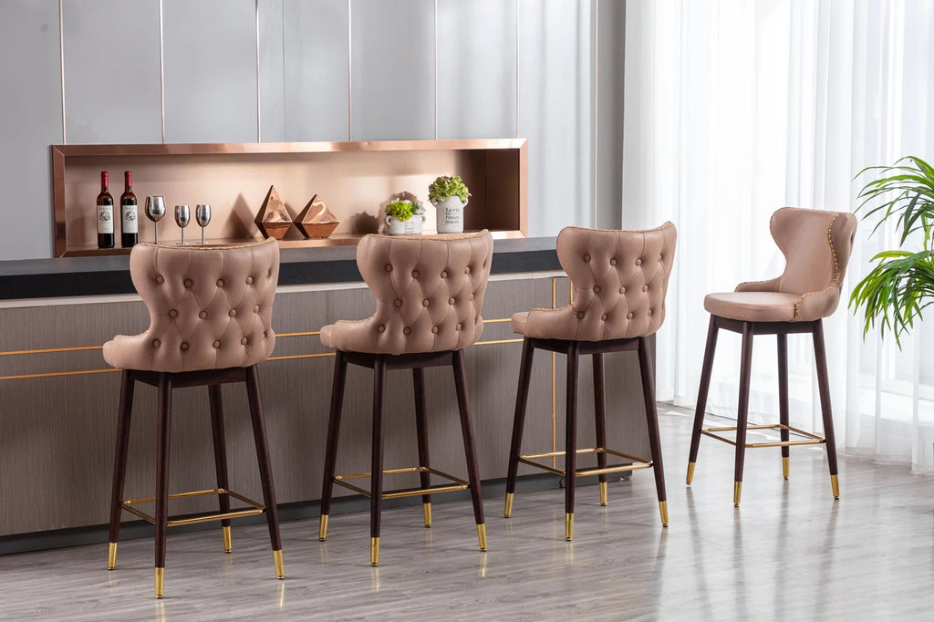 Leather Fabric Upholstered Bar Stools with Backs and Solid Wood Legs, Set of 2 E213089