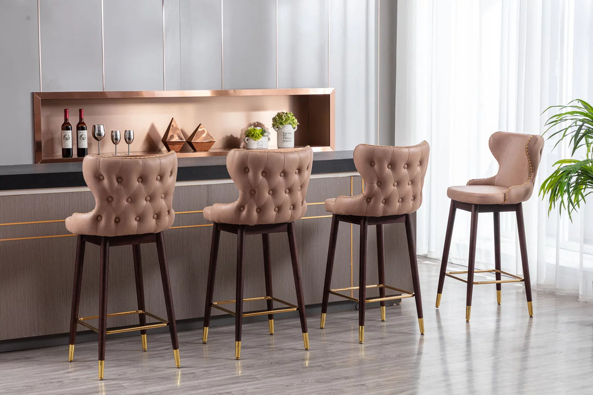 Leather Fabric Upholstered Bar Stools with Backs and Solid Wood Legs, Set of 2 E213089