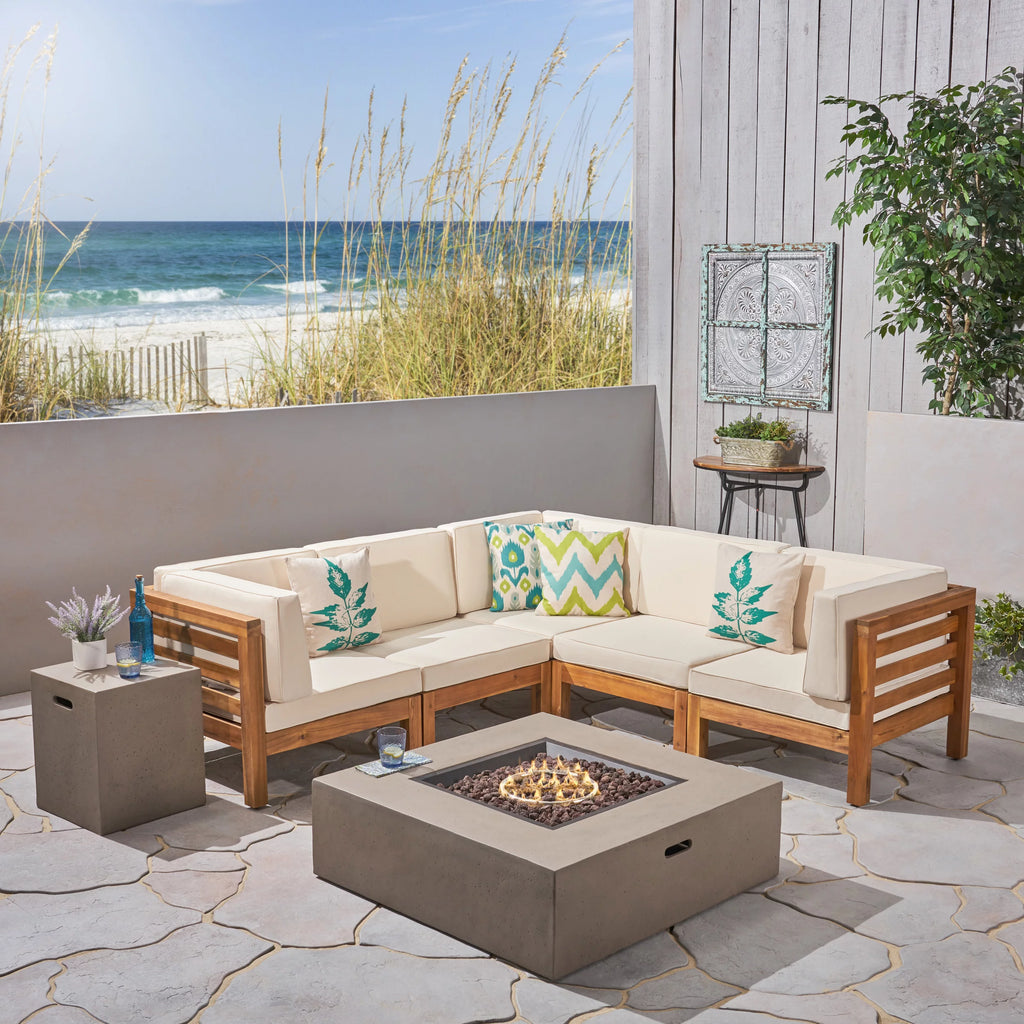 7 Piece Acacia Wood V-Shaped Sectional Sofa Set with Cushions and Fire Pit R6689