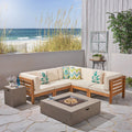 7 Piece Acacia Wood V-Shaped Sectional Sofa Set with Cushions and Fire Pit R6689