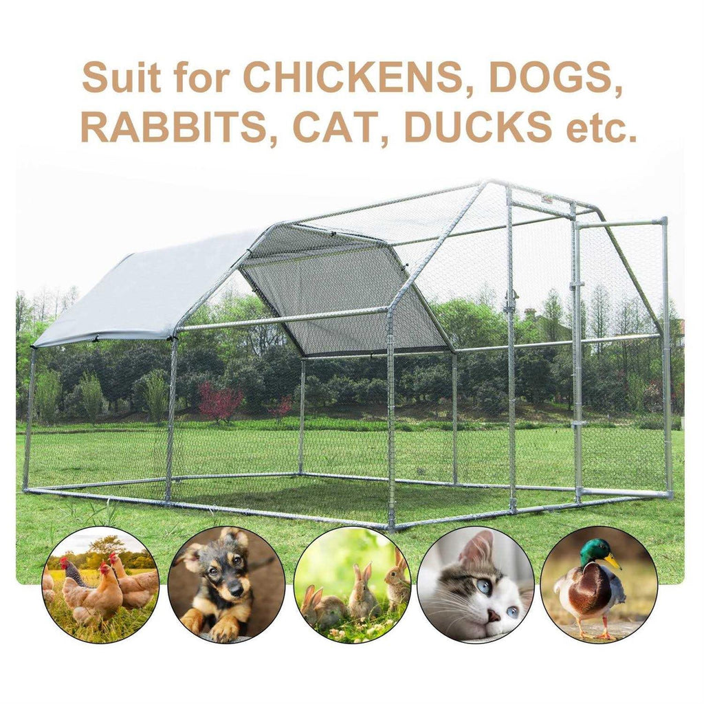 Galvanized Metal Chicken Coop with Cover Walk-In Pen Run T52353