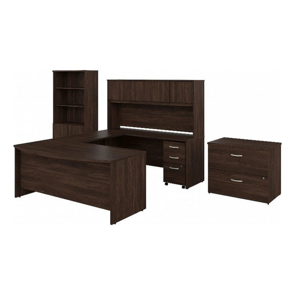 72W Black Walnut Engineered Wood Desk with Hutch and Storage J223