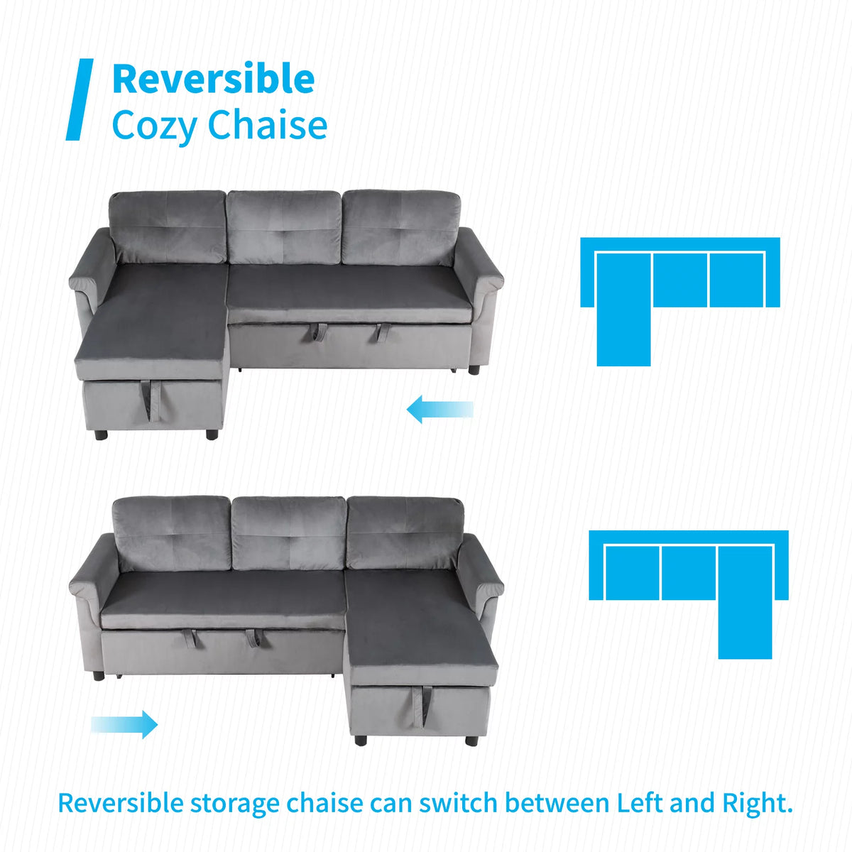 Light Gray Velvet Reversible Sectional Sofa with Storage Chaise P30813