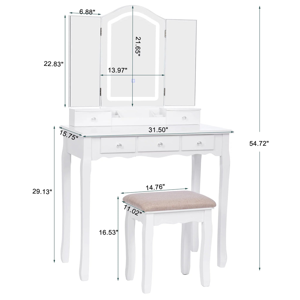 White Vanity Set with Mirror Stool and Drawers R5930