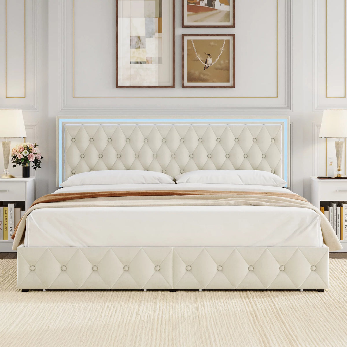 King LED Bed Frame with 4 Storage Drawers, Adjustable Velvet Upholstered Headboard G3481