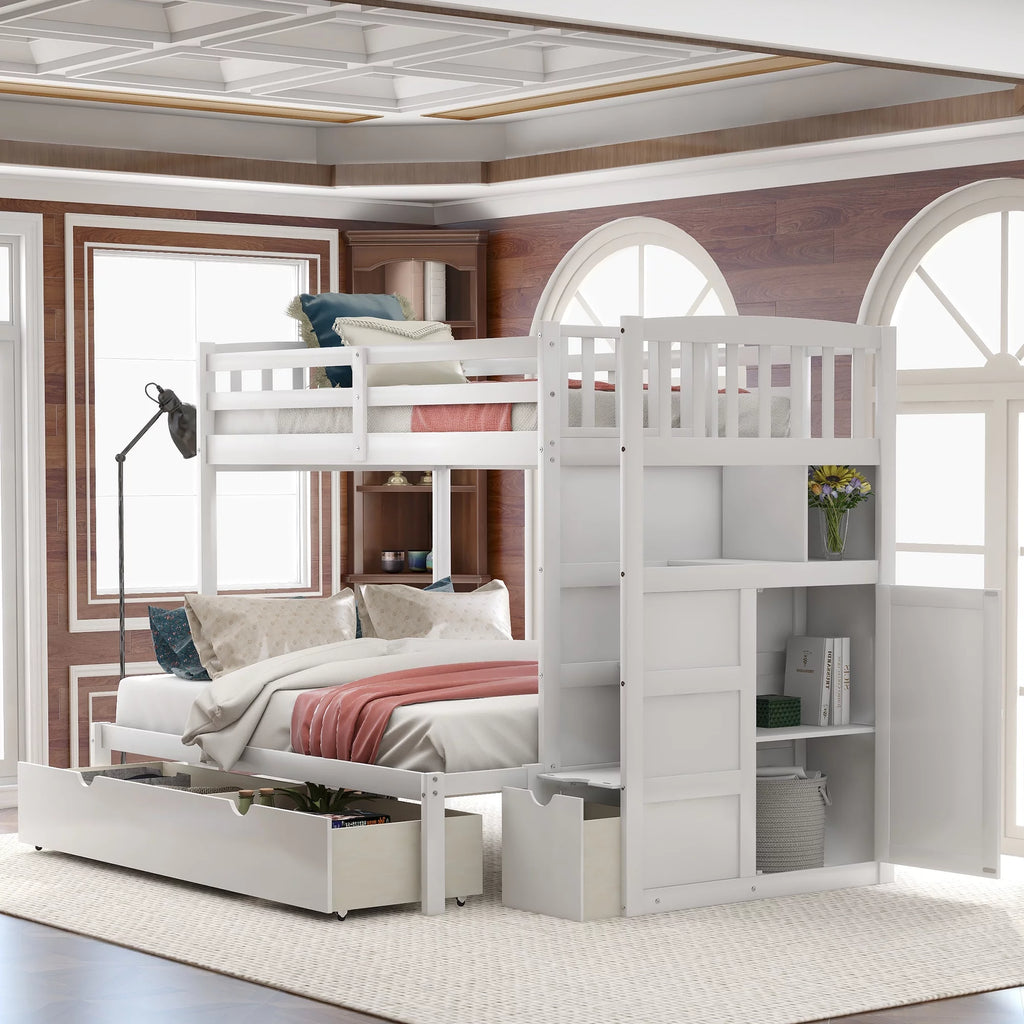 White Twin over Twin Bunk Bed with Drawer and Cabinet G7120