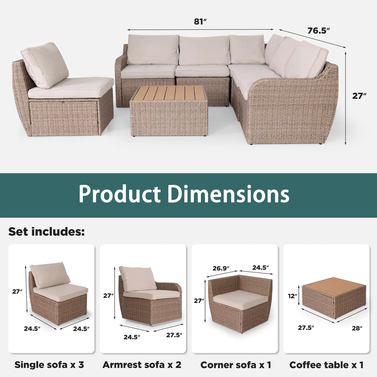7 Pcs Half-Round Rattan Patio Furniture Set with Cushion and Table H579