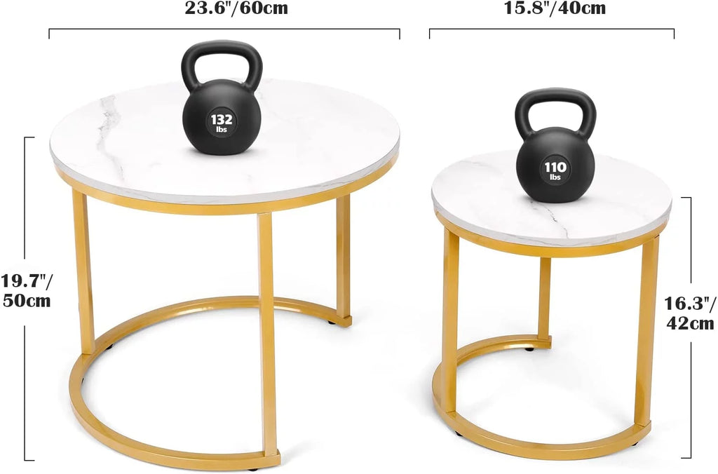 Small Round Coffee Table Set of 2 White Marble T7749
