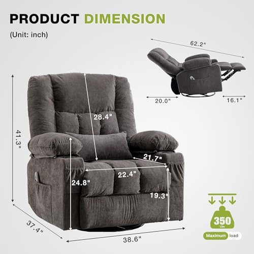 Oversized Swivel Rocker Recliner Chair with Vibration Massage and Lumbar Heat G12476