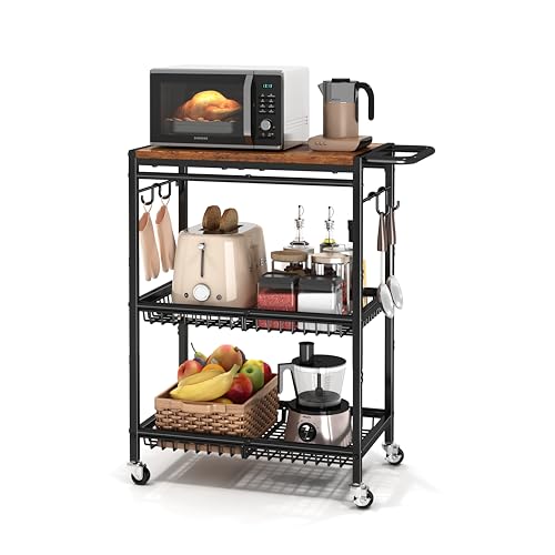 Microwave Kitchen Cart with Push Handle, 3 Tire Rolling Cart with 210Lbs Capacity, Vintage Kitchen Storage Cart with 2 Lockable Wheels E42424