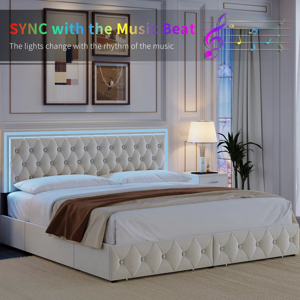 King LED Bed Frame with 4 Storage Drawers, Adjustable Velvet Upholstered Headboard G3481