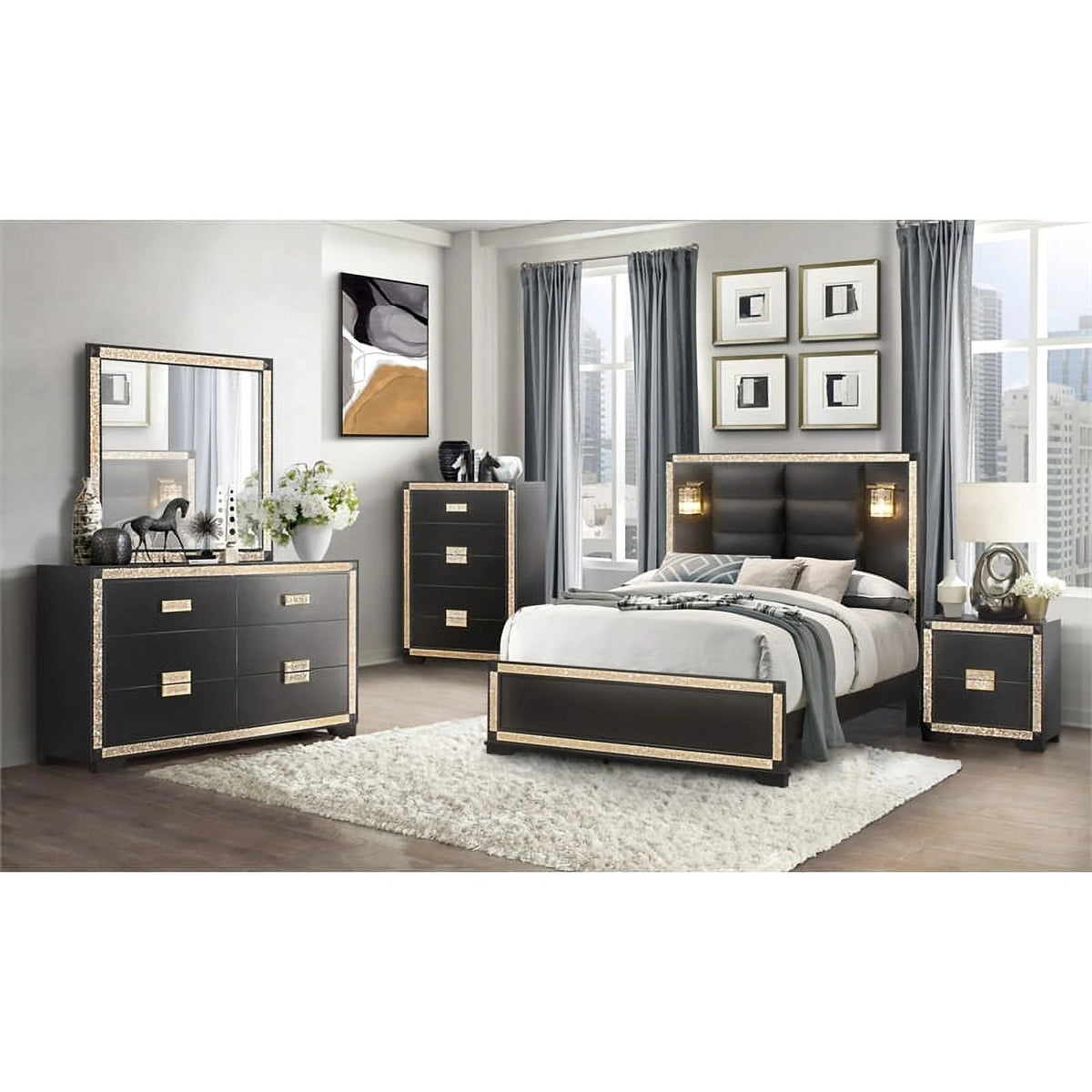 Queen Bed in Black/Gold Finish H9316