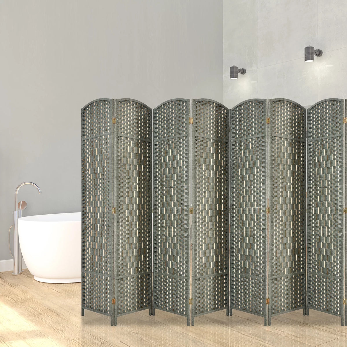 5.7ft Wood Fiber Woven 8 Panels Grey Wood Room Divider O385261