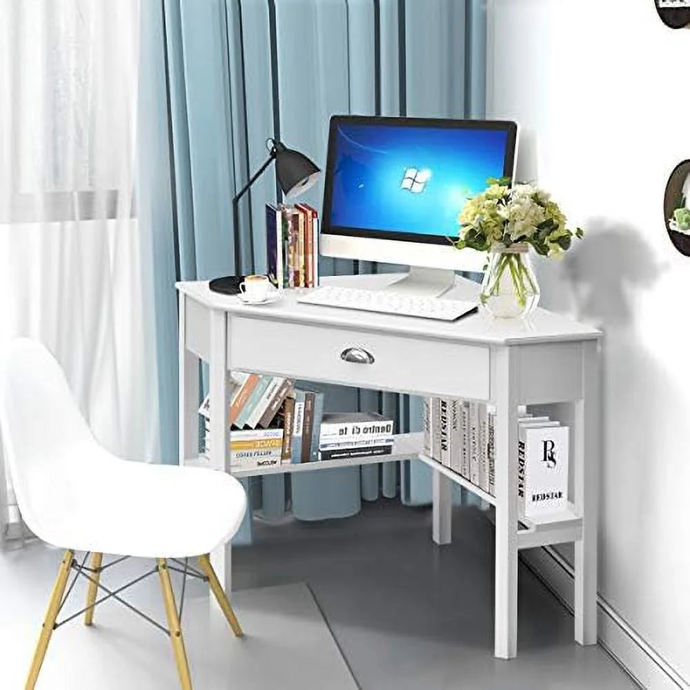 White Corner Desk with Drawers and Shelves Q501111