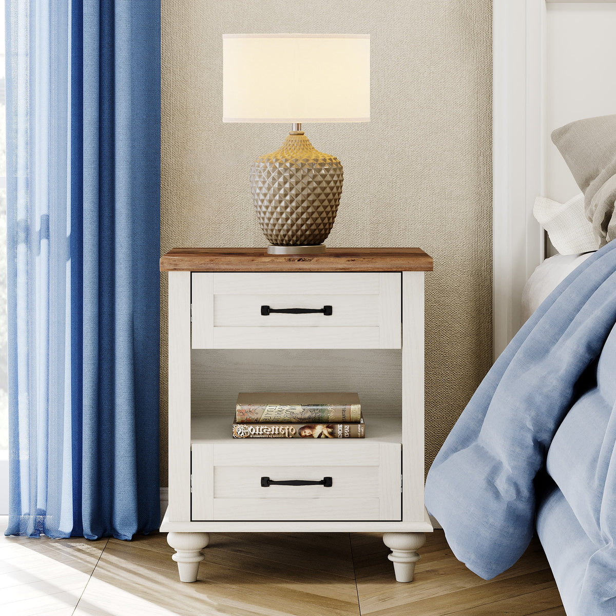 White and Oak 2 Drawer Nightstand with Charging Station W24626