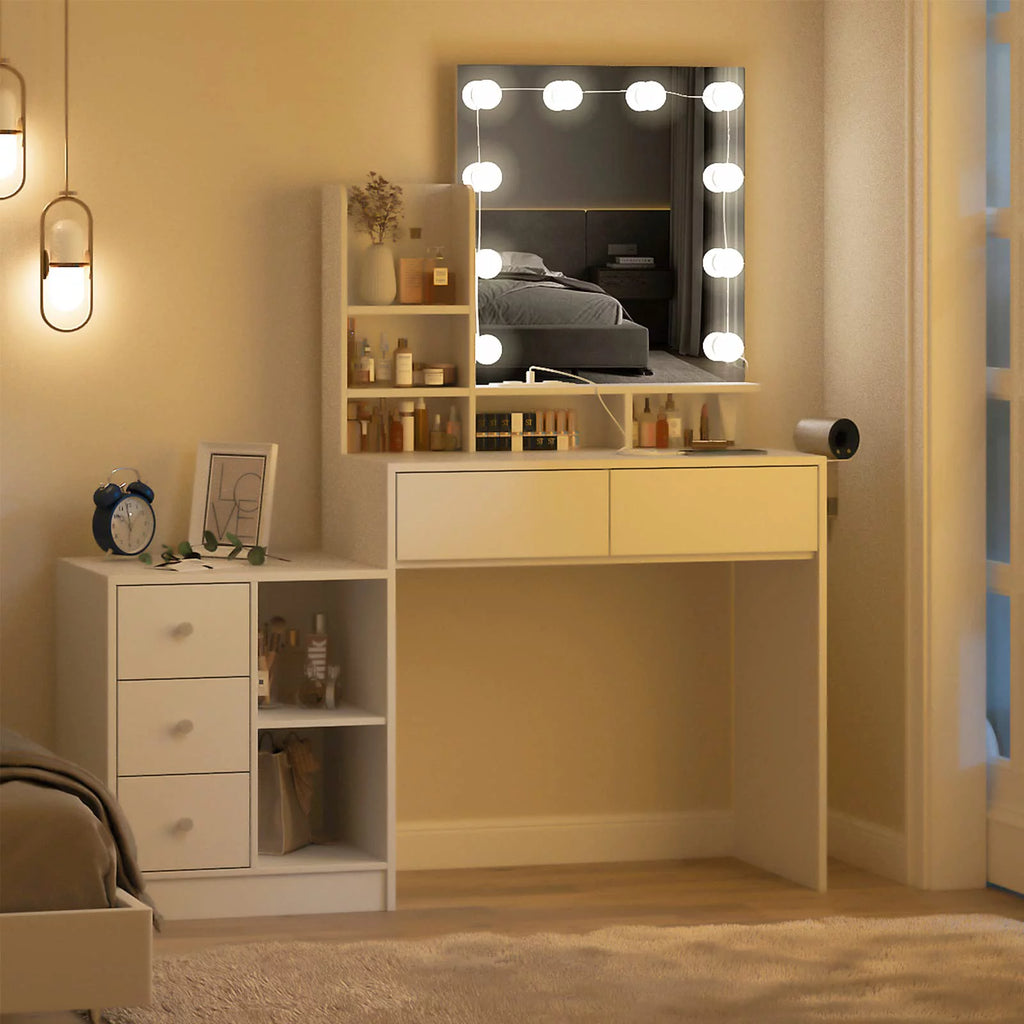 White Makeup Vanity with Lights and Mirror F69235