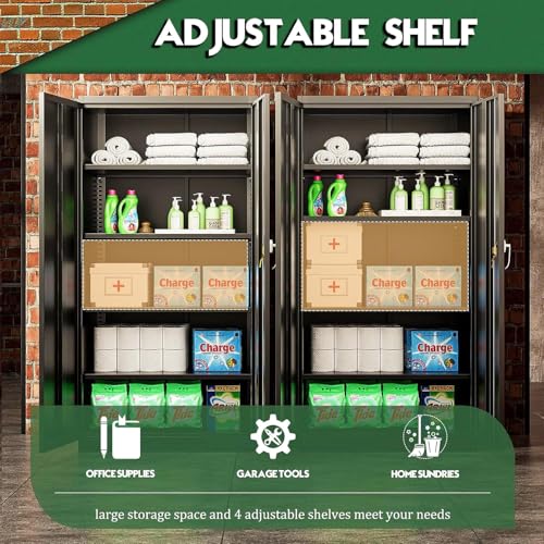 72" Black Locking Metal Storage Cabinet with 4 Adjustable Shelves T937296