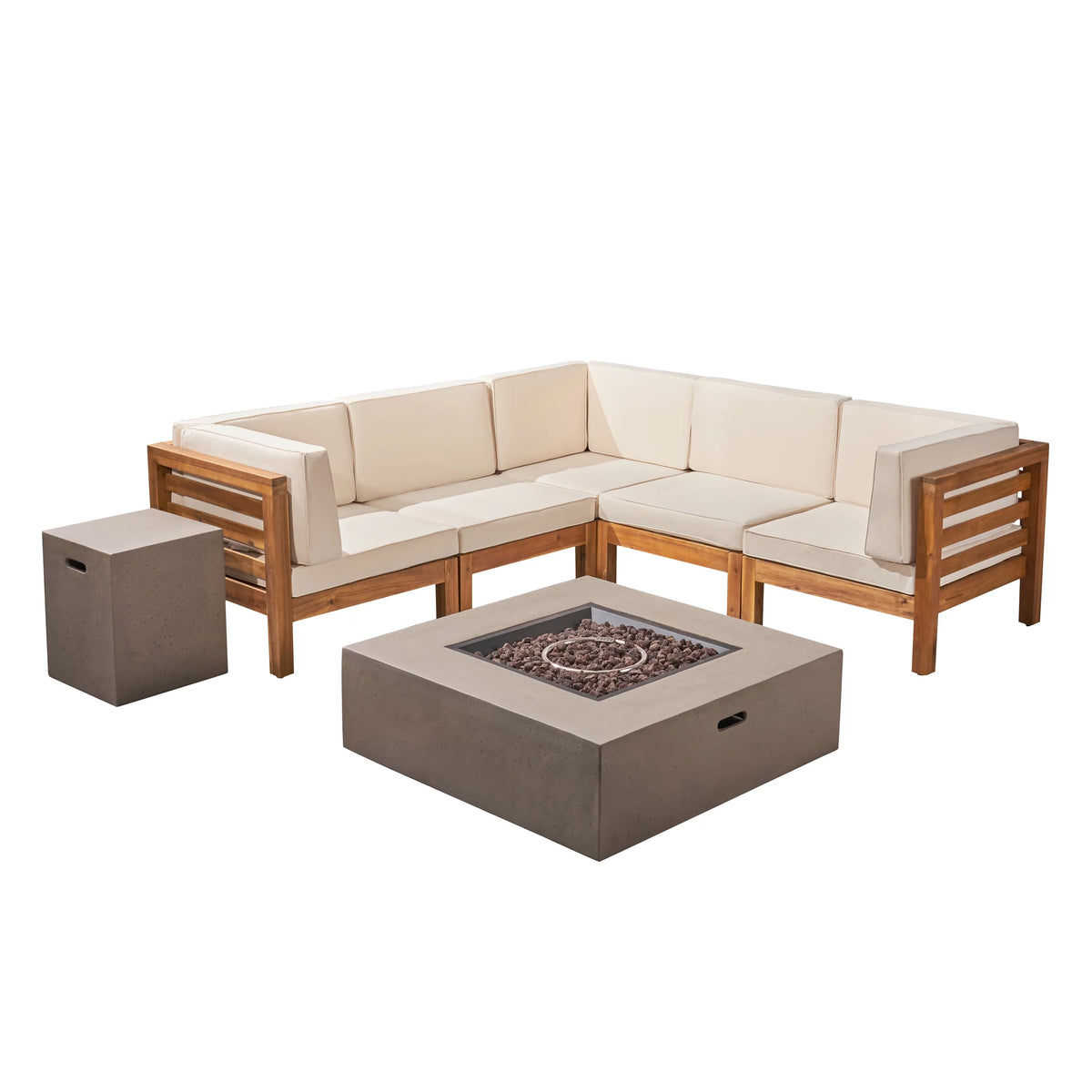 7 Piece Acacia Wood V-Shaped Sectional Sofa Set with Cushions and Fire Pit R6689