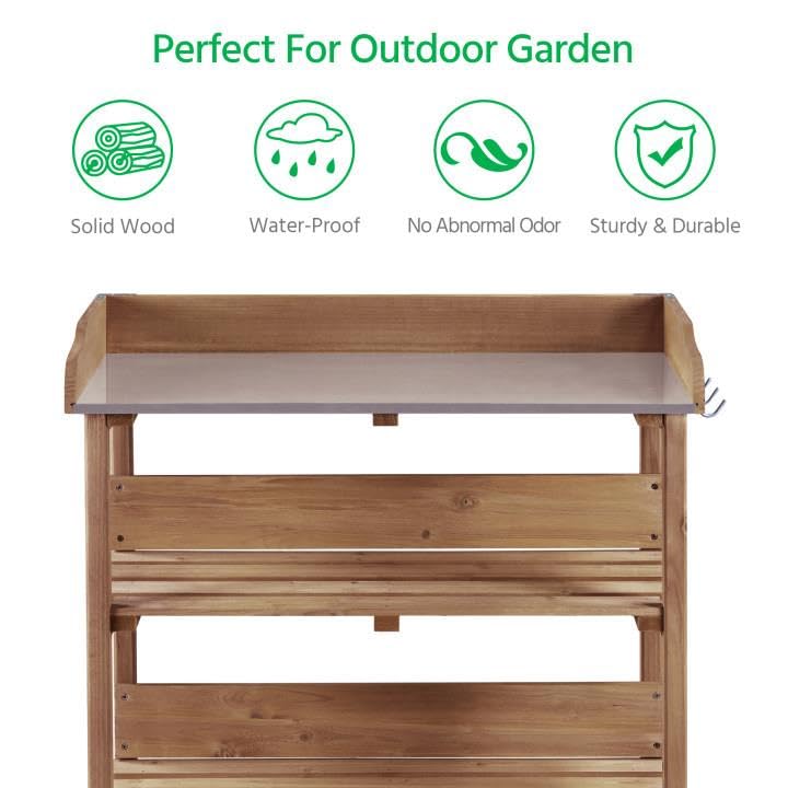 Brown Wooden Potting Bench Table with Storage Shelf E3894