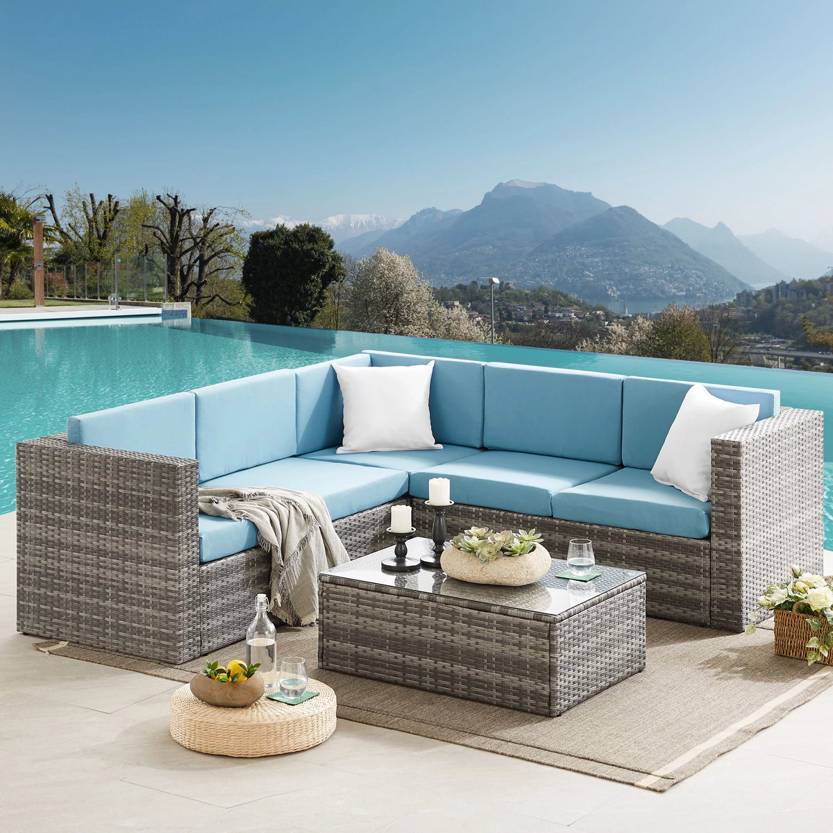5 Pieces Rattan Wicker Outdoor Furniture Set with Glass Table B330