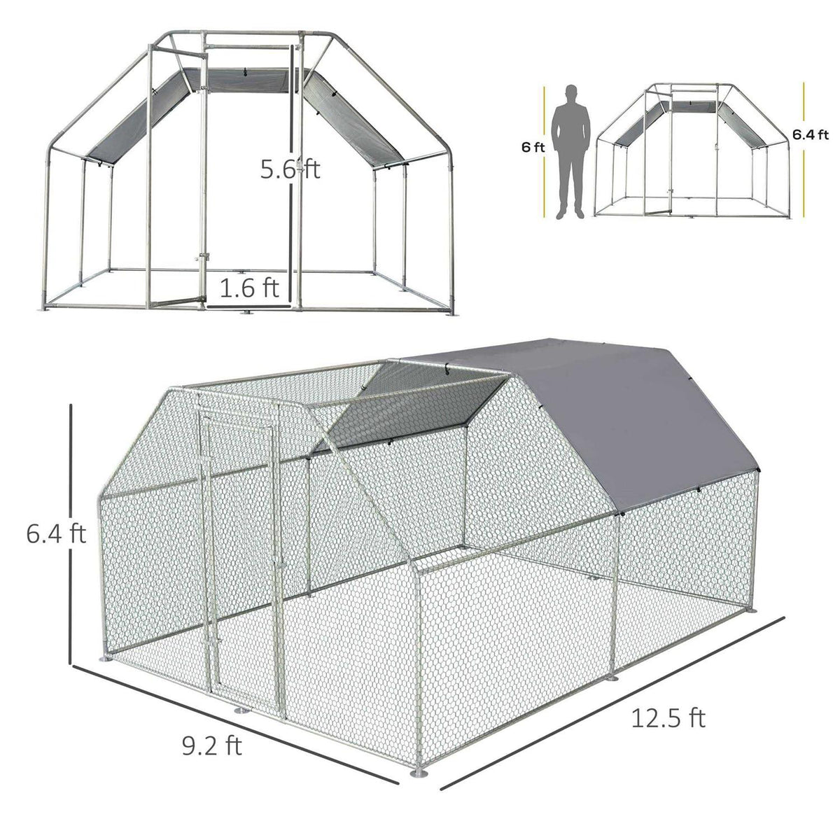 Galvanized Metal Chicken Coop with Cover Walk-In Pen Run T52353