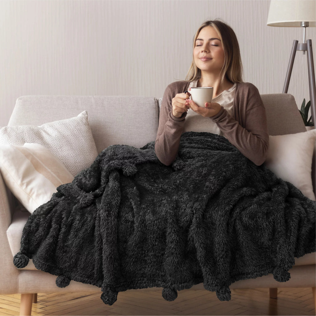 Black Sherpa Throw Blanket with Pom Pom Fringe 50x60 in Y10103