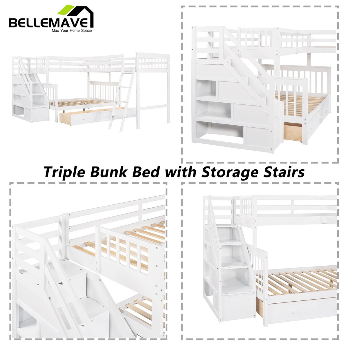 L-Shaped Twin over Full Size Bunk Beds with Storage Stairs and Drawers O4720