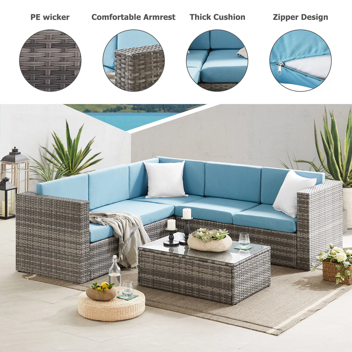 5 Pieces Rattan Wicker Outdoor Furniture Set with Glass Table B330