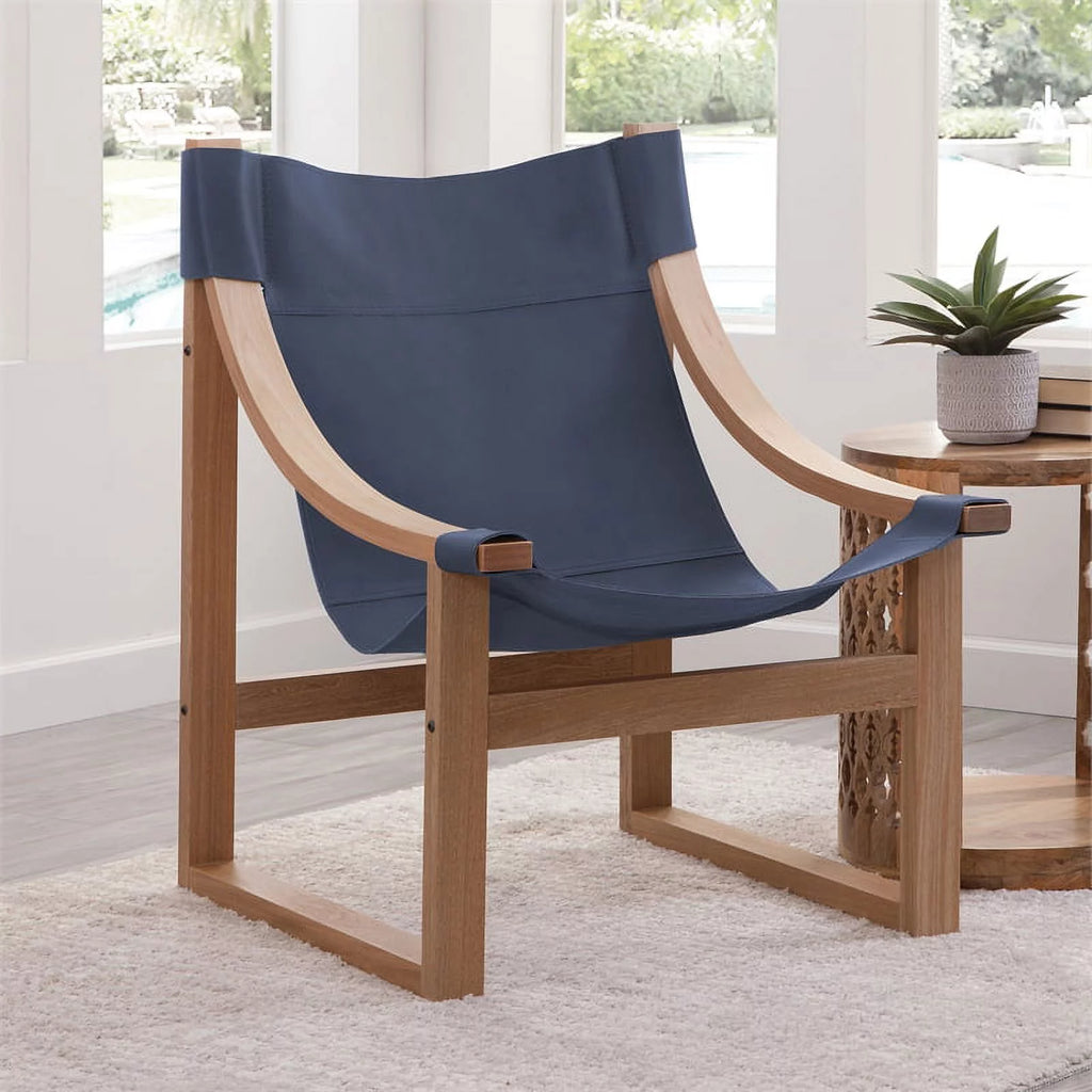 Cobalt Blue Top Grain Leather and Solid Wood Sling Chair Y9403