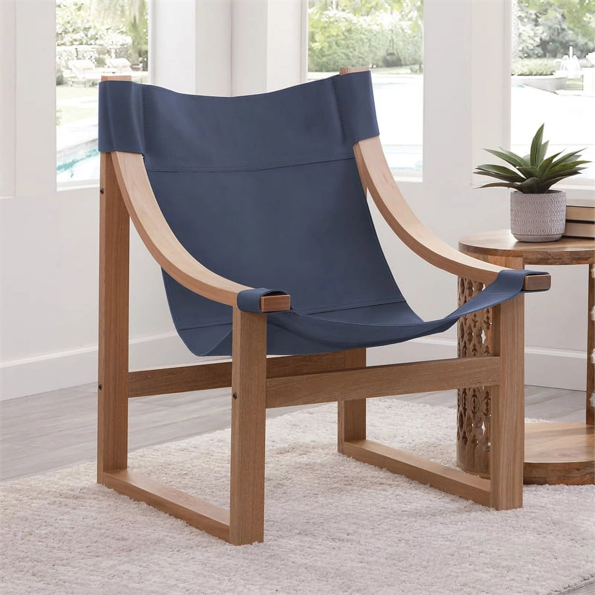 Cobalt Blue Top Grain Leather and Solid Wood Sling Chair Y9403
