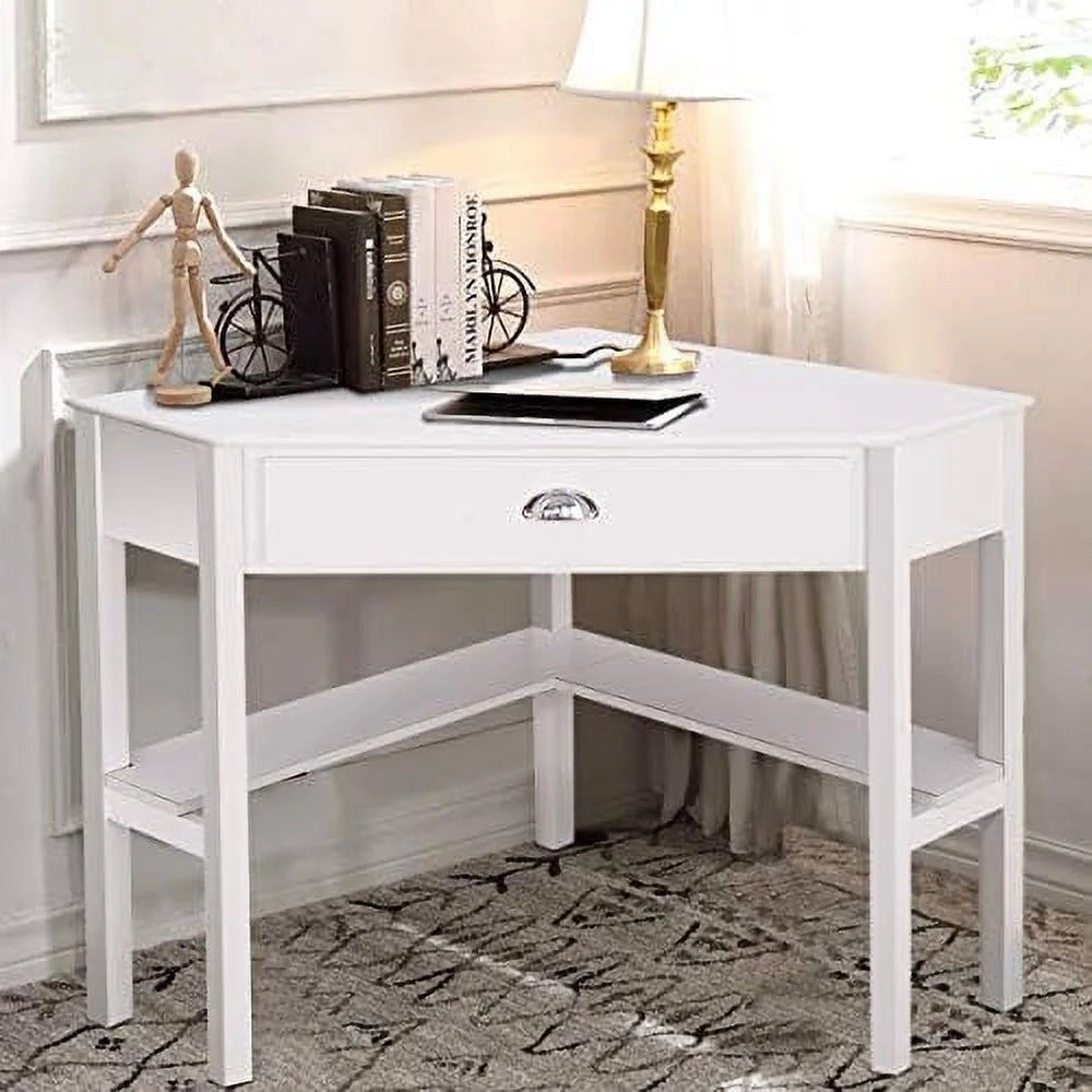White Corner Desk with Drawers and Shelves Q501111