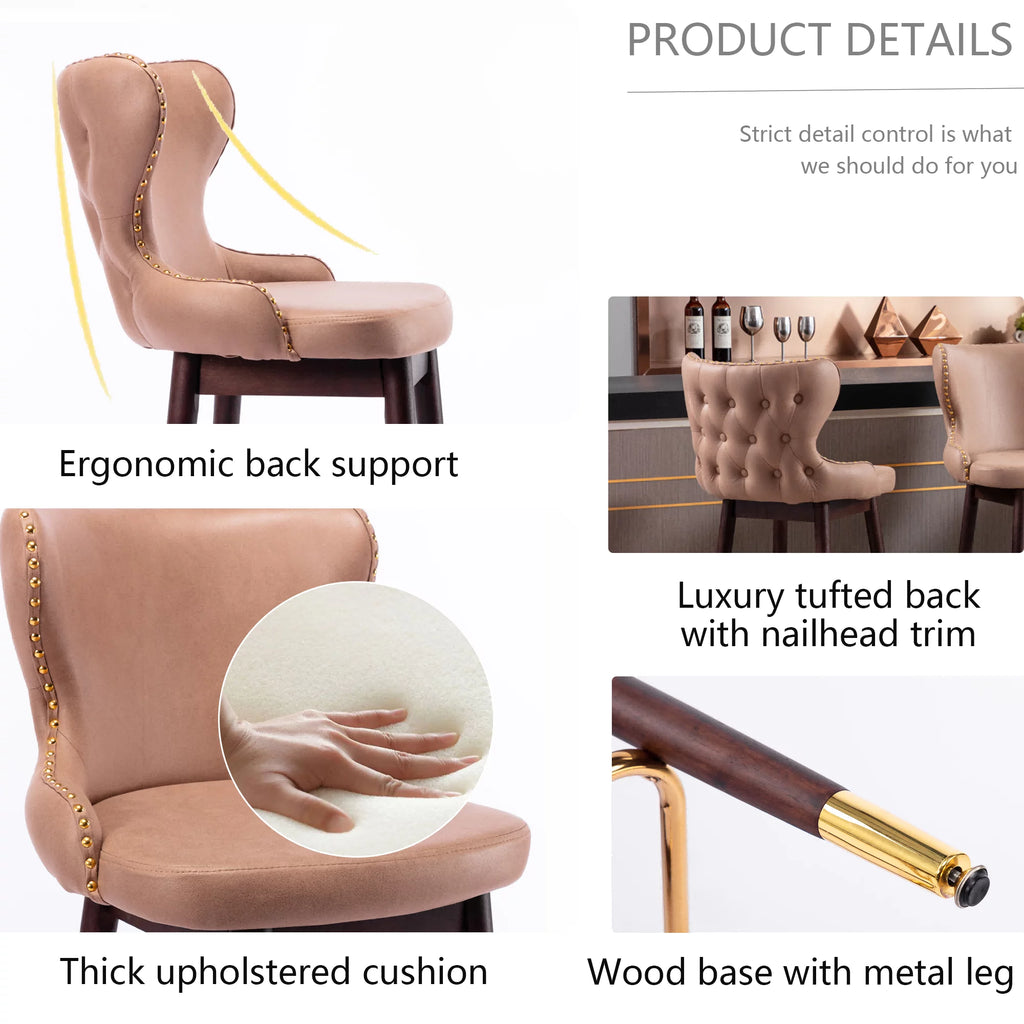 Leather Fabric Upholstered Bar Stools with Backs and Solid Wood Legs, Set of 2 E213089