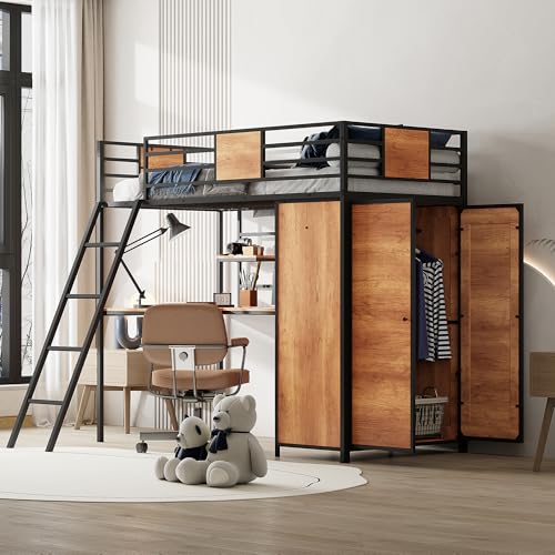 Black Twin Loft Bed with Desk and Storage U482