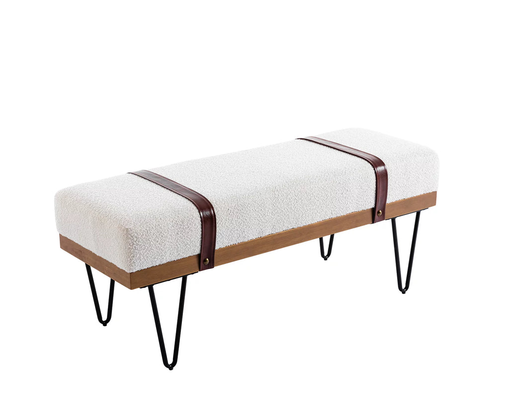 White Faux Fur Upholstered Ottoman Bench with Metal Legs R6535