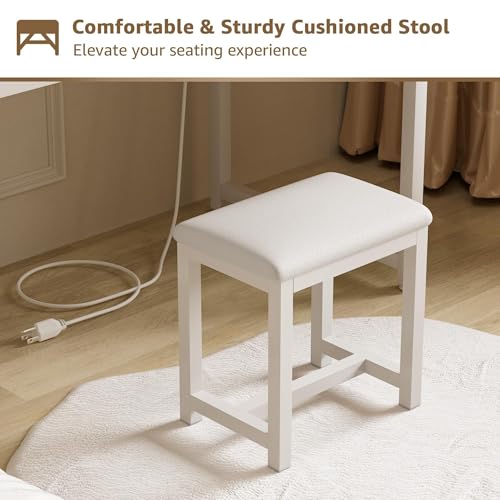 White Vanity Desk with Mirror and Light, Chair, Storage, 8 Fabric Drawers Q8271