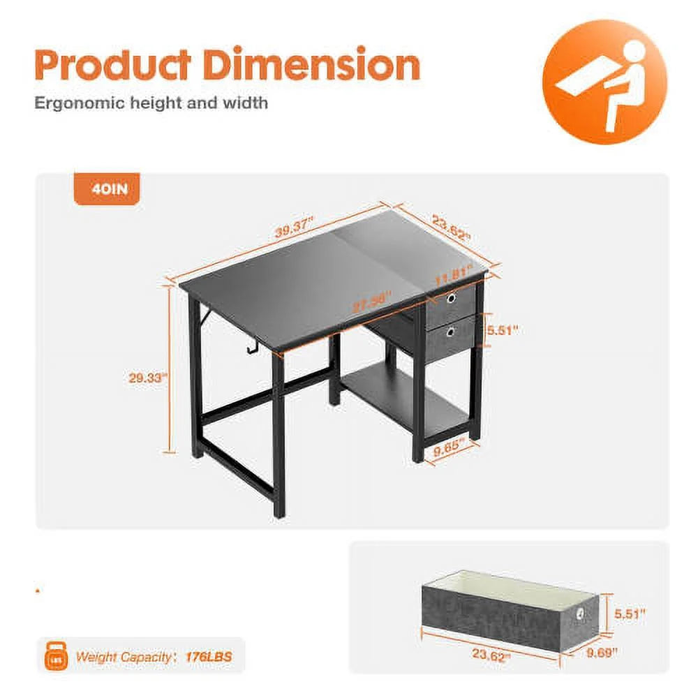 Black 47IN Writing Desk with 2-Tier Drawers O53911