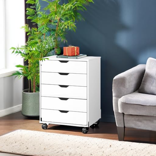 White 5 Drawer Wood Storage Cabinet with Wheels D6072