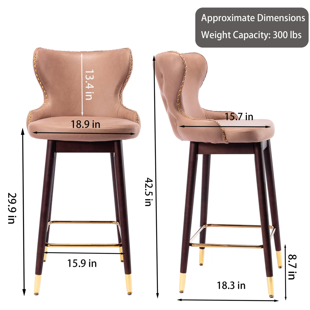 Leather Fabric Upholstered Bar Stools with Backs and Solid Wood Legs, Set of 2 E213089