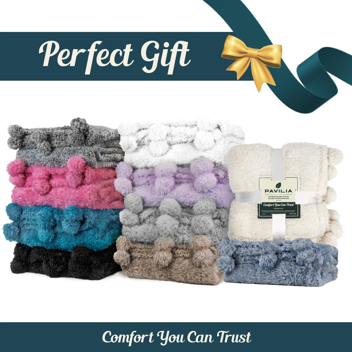 Black Sherpa Throw Blanket with Pom Pom Fringe 50x60 in Y10103