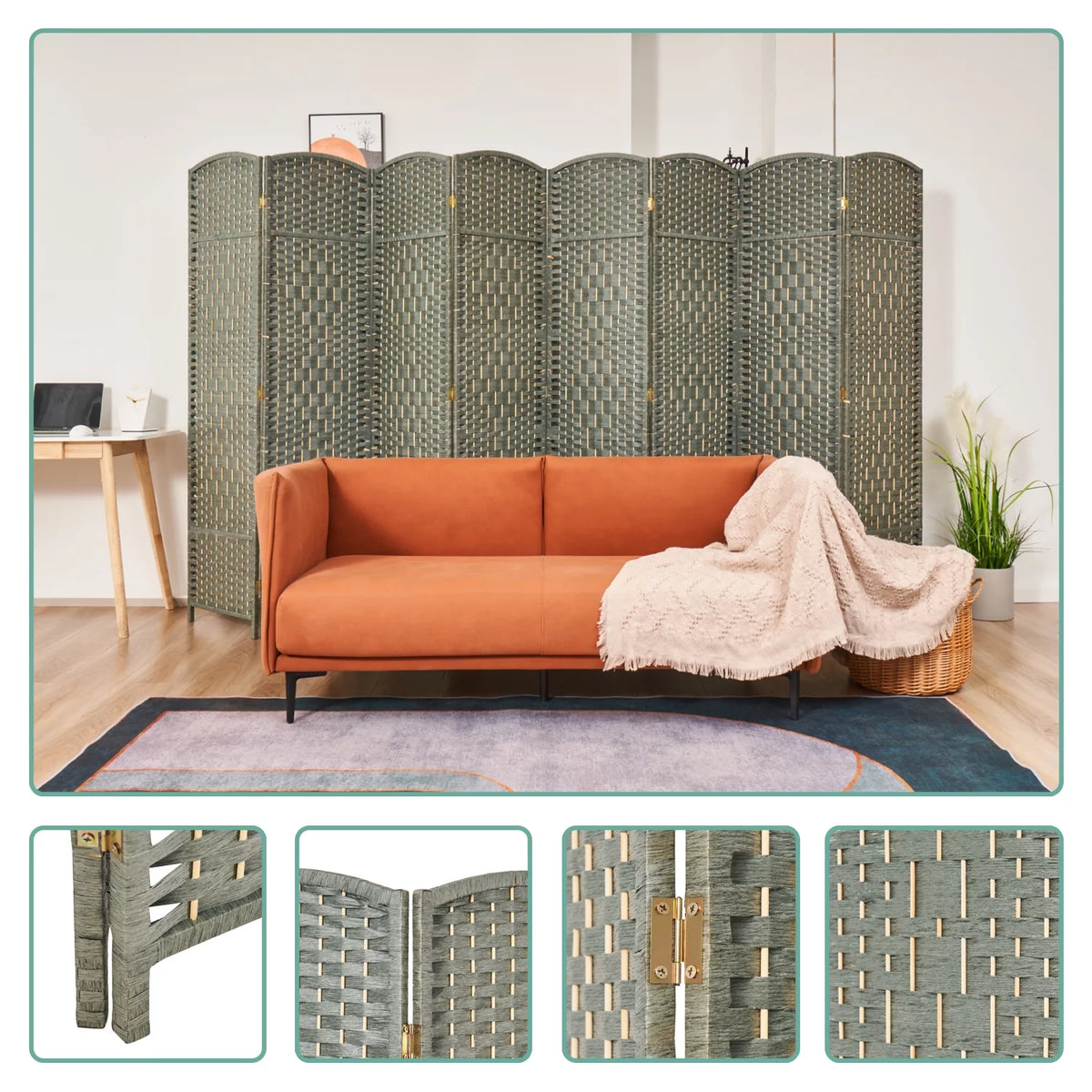 5.7ft Wood Fiber Woven 8 Panels Grey Wood Room Divider O385261