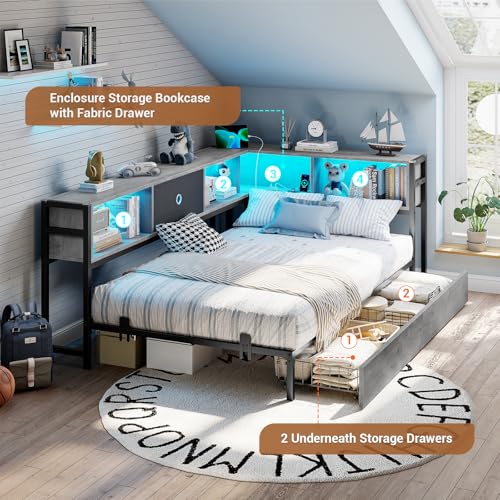 Black & Gray Twin Size Corner Bed Frame with Storage U4405